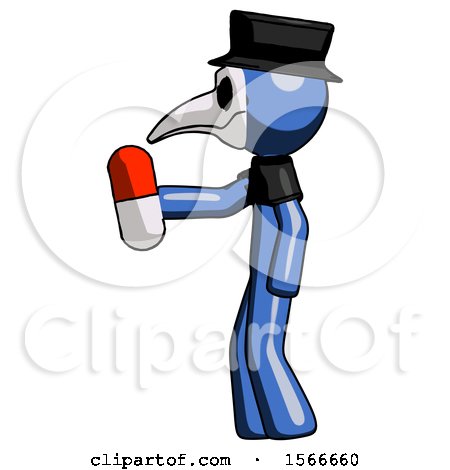 Blue Plague Doctor Man Holding Red Pill Walking to Left by Leo Blanchette