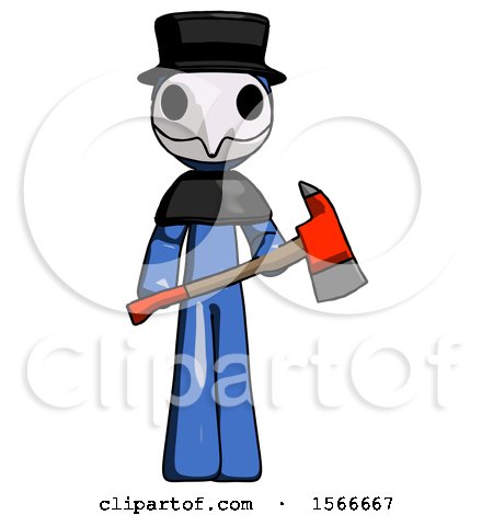 Blue Plague Doctor Man Holding Red Fire Fighter's Ax by Leo Blanchette