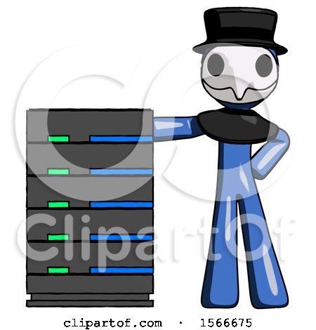 Blue Plague Doctor Man with Server Rack Leaning Confidently Against It by Leo Blanchette