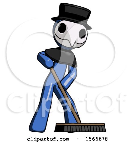 Blue Plague Doctor Man Cleaning Services Janitor Sweeping Floor with Push Broom by Leo Blanchette