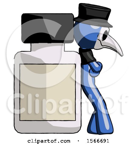 Blue Plague Doctor Man Leaning Against Large Medicine Bottle by Leo Blanchette