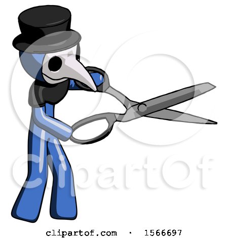 Blue Plague Doctor Man Holding Giant Scissors Cutting out Something by Leo Blanchette
