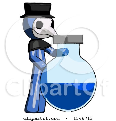 Blue Plague Doctor Man Standing Beside Large Round Flask or Beaker by Leo Blanchette