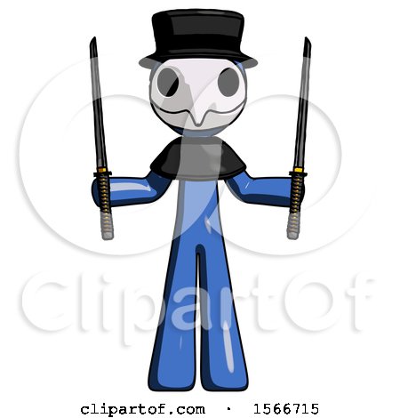Blue Plague Doctor Man Posing with Two Ninja Sword Katanas up by Leo Blanchette