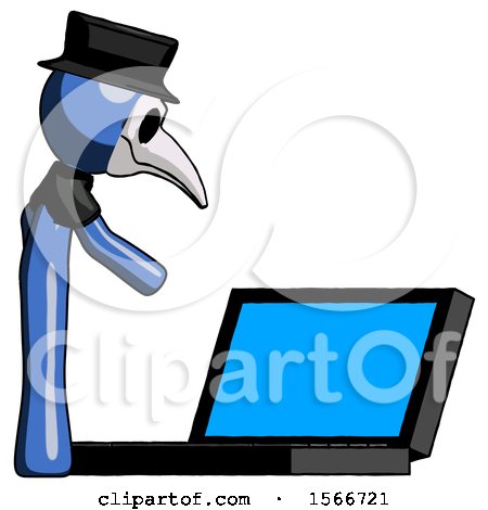 Blue Plague Doctor Man Using Large Laptop Computer Side Orthographic View by Leo Blanchette