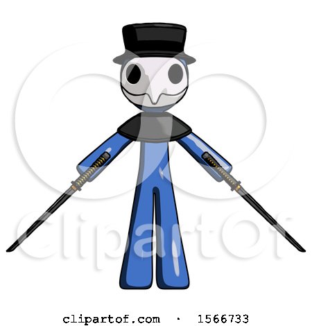 Blue Plague Doctor Man Posing with Two Ninja Sword Katanas by Leo Blanchette