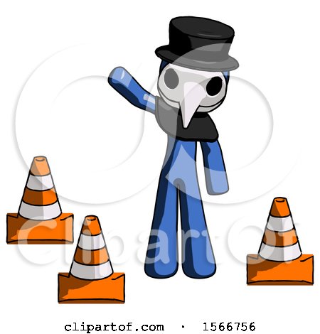 Blue Plague Doctor Man Standing by Traffic Cones Waving by Leo Blanchette