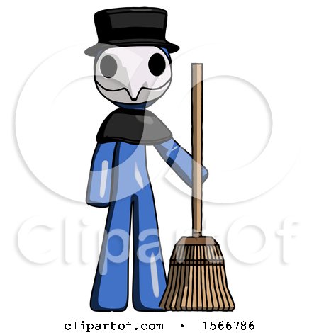Blue Plague Doctor Man Standing with Broom Cleaning Services by Leo Blanchette