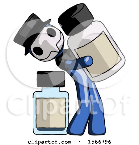 Blue Plague Doctor Man Holding Large White Medicine Bottle with Bottle in Background by Leo Blanchette