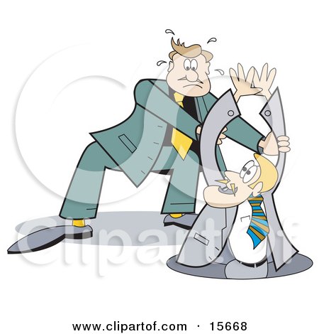 Businessman Jumping To The Rescue To Save Another Man Who Is Falling Into A Manhole Clipart Illustration by Andy Nortnik