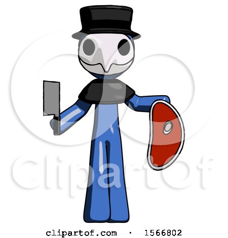 Blue Plague Doctor Man Holding Large Steak with Butcher Knife by Leo Blanchette