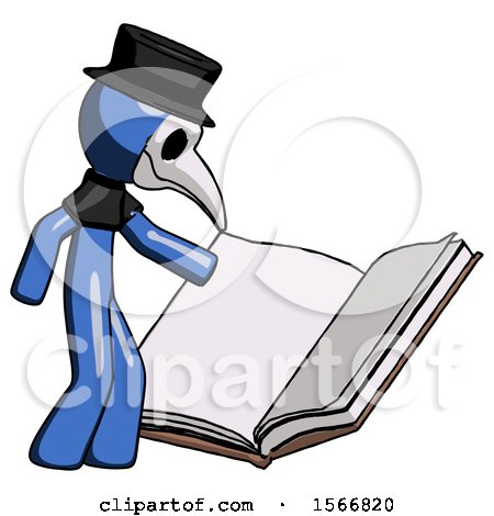 Blue Plague Doctor Man Reading Big Book While Standing Beside It by Leo Blanchette