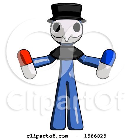 Blue Plague Doctor Man Holding a Red Pill and Blue Pill by Leo Blanchette