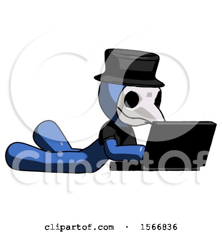 Blue Plague Doctor Man Using Laptop Computer While Lying on Floor Side Angled View by Leo Blanchette