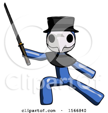Blue Plague Doctor Man with Ninja Sword Katana in Defense Pose by Leo Blanchette