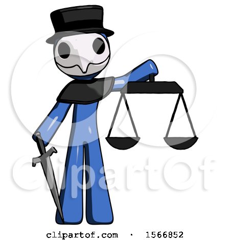 Blue Plague Doctor Man Justice Concept with Scales and Sword, Justicia Derived by Leo Blanchette