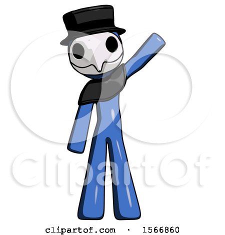 Blue Plague Doctor Man Waving Emphatically with Left Arm by Leo Blanchette