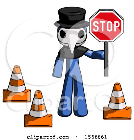 Blue Plague Doctor Man Holding Stop Sign by Traffic Cones Under Construction Concept by Leo Blanchette