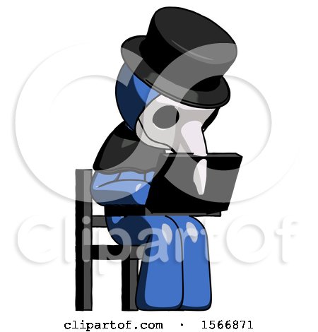 Blue Plague Doctor Man Using Laptop Computer While Sitting in Chair Angled Right by Leo Blanchette