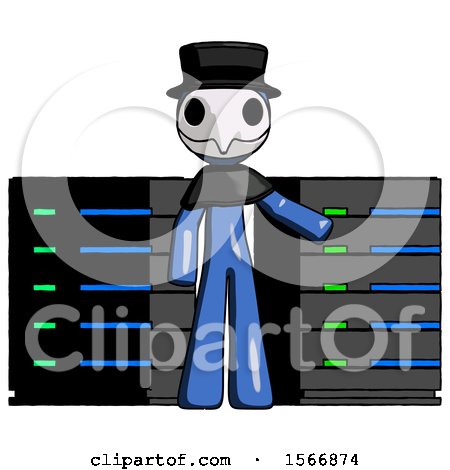 Blue Plague Doctor Man with Server Racks, in Front of Two Networked Systems by Leo Blanchette
