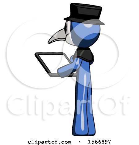 Blue Plague Doctor Man Looking at Tablet Device Computer with Back to Viewer by Leo Blanchette