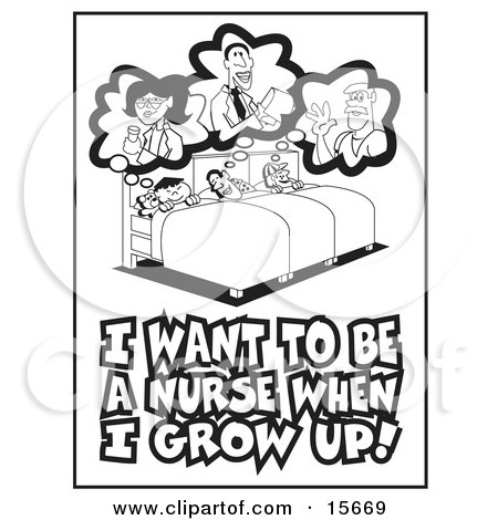 Coloring Book Page Of Three Children Dreming Of Being Doctors And Nurses While Sleeping In Hospital Beds Clipart Illustration by Andy Nortnik