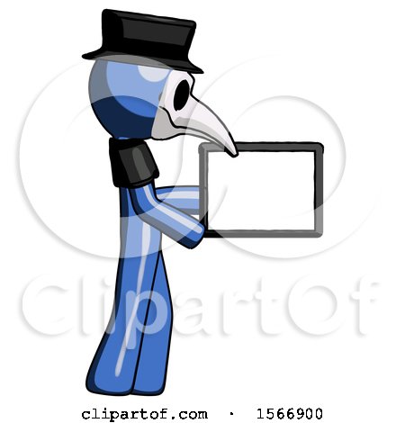 Blue Plague Doctor Man Show Tablet Device Computer to Viewer, Blank Area by Leo Blanchette
