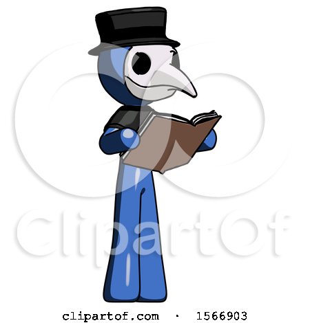 Blue Plague Doctor Man Reading Book While Standing up Facing Away by Leo Blanchette