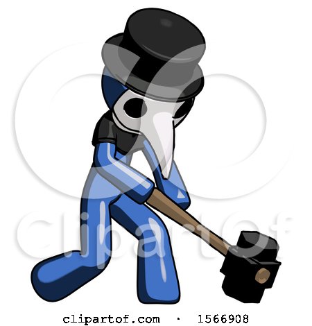 Blue Plague Doctor Man Hitting with Sledgehammer, or Smashing Something at Angle by Leo Blanchette