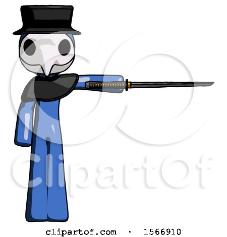 Blue Plague Doctor Man Standing with Ninja Sword Katana Pointing Right by Leo Blanchette
