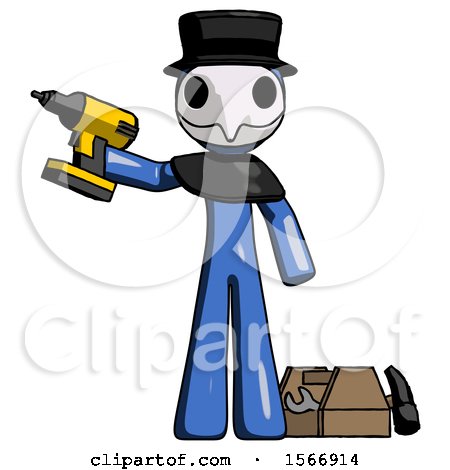 Blue Plague Doctor Man Holding Drill Ready to Work, Toolchest and Tools to Right by Leo Blanchette