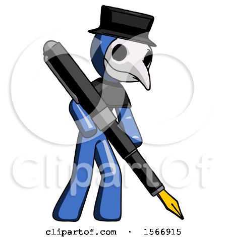 Blue Plague Doctor Man Drawing or Writing with Large Calligraphy Pen by Leo Blanchette