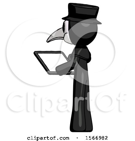 Black Plague Doctor Man Looking at Tablet Device Computer with Back to Viewer by Leo Blanchette