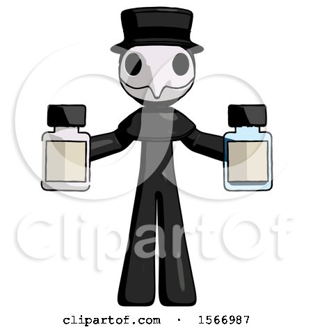Black Plague Doctor Man Holding Two Medicine Bottles by Leo Blanchette