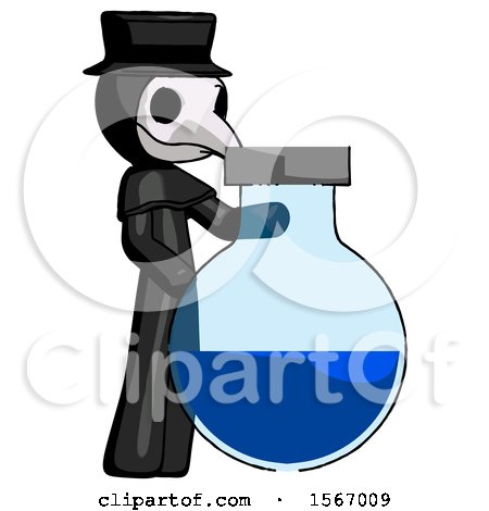 Black Plague Doctor Man Standing Beside Large Round Flask or Beaker by Leo Blanchette
