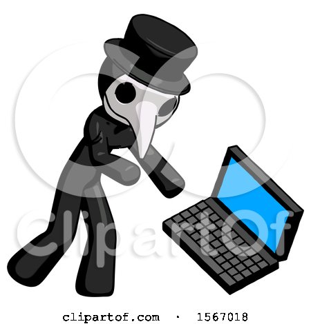Black Plague Doctor Man Throwing Laptop Computer in Frustration by Leo Blanchette