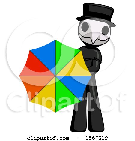 Black Plague Doctor Man Holding Rainbow Umbrella out to Viewer by Leo Blanchette