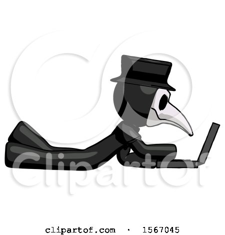 Black Plague Doctor Man Using Laptop Computer While Lying on Floor Side View by Leo Blanchette