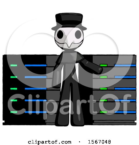 Black Plague Doctor Man with Server Racks, in Front of Two Networked Systems by Leo Blanchette