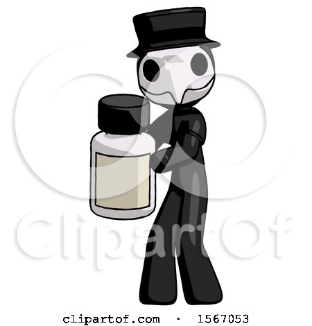 Black Plague Doctor Man Holding White Medicine Bottle by Leo Blanchette