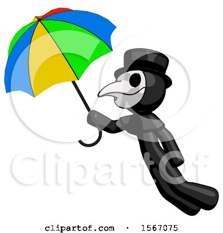 Black Plague Doctor Man Flying with Rainbow Colored Umbrella by Leo Blanchette