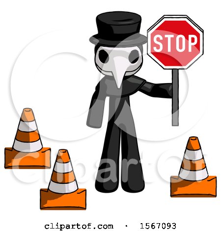 Black Plague Doctor Man Holding Stop Sign by Traffic Cones Under Construction Concept by Leo Blanchette
