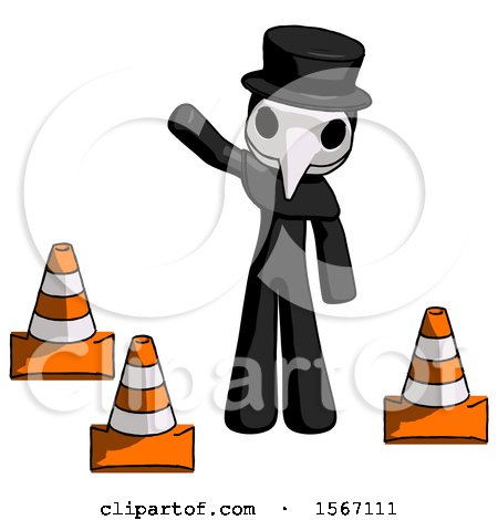 Black Plague Doctor Man Standing by Traffic Cones Waving by Leo Blanchette