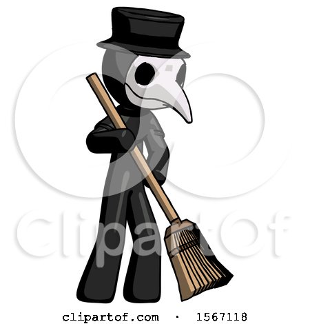 Black Plague Doctor Man Sweeping Area with Broom by Leo Blanchette