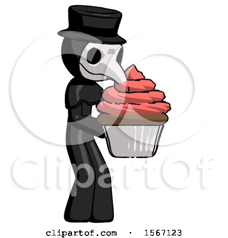 Black Plague Doctor Man Holding Large Cupcake Ready to Eat or Serve by Leo Blanchette