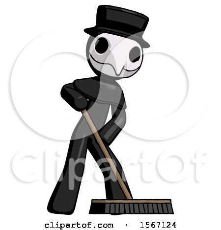 Black Plague Doctor Man Cleaning Services Janitor Sweeping Floor with Push Broom by Leo Blanchette