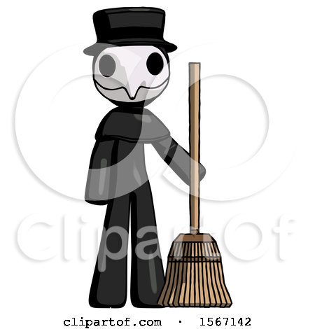 Black Plague Doctor Man Standing with Broom Cleaning Services by Leo Blanchette