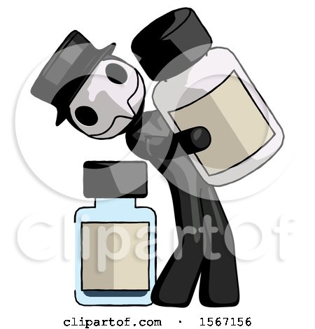 Black Plague Doctor Man Holding Large White Medicine Bottle with Bottle in Background by Leo Blanchette