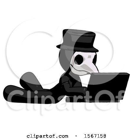 Black Plague Doctor Man Using Laptop Computer While Lying on Floor Side Angled View by Leo Blanchette