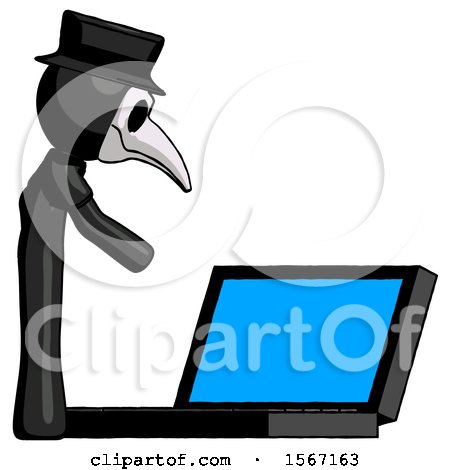 Black Plague Doctor Man Using Large Laptop Computer Side Orthographic View by Leo Blanchette